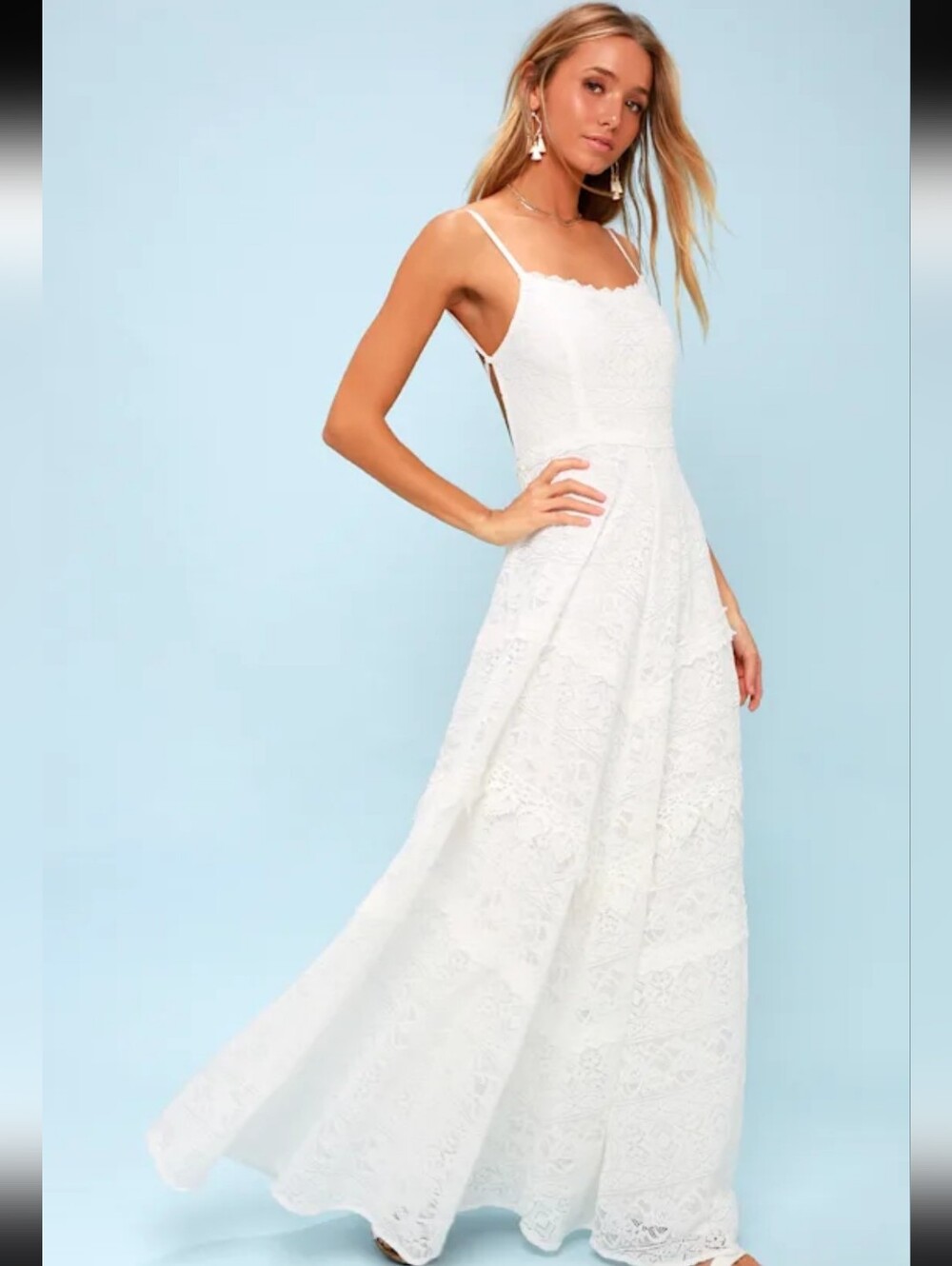 Lulus White Lace Backless Maxi Dress Sz XS Romantic Bridal Shower Cottagecore